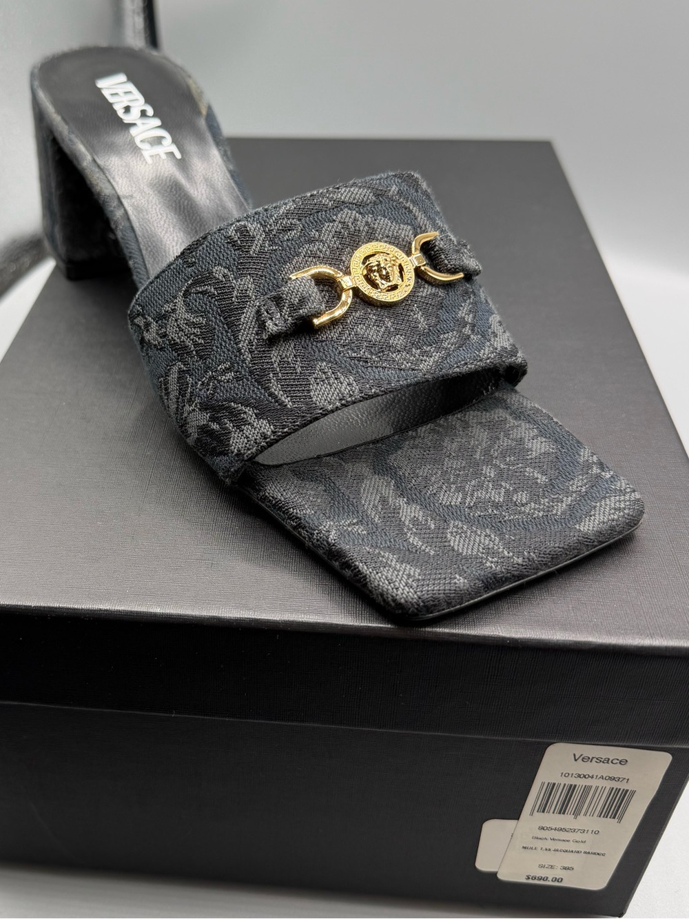 Versace Black Brocade Mid-Heel Mules with Gold Medallion